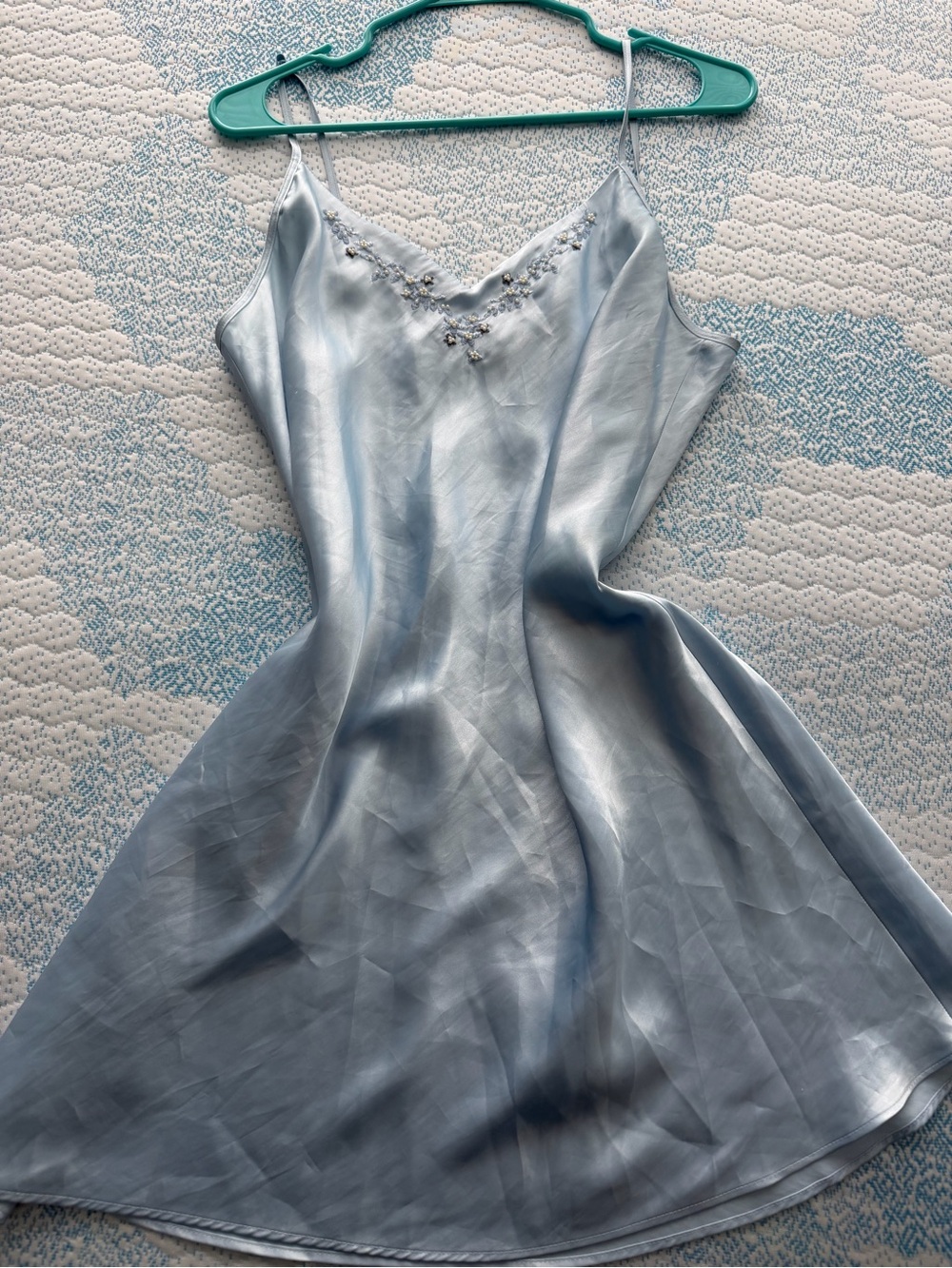 Light Blue Satin Slip Chemise with Floral Embroidery and beading